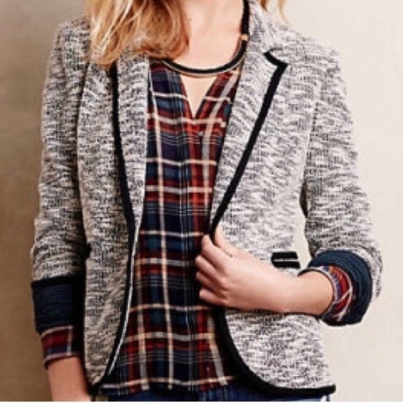 Anthropologie Cartonnier Lake House Tweed Black White Blazer Jacket - Picture 1 of 6